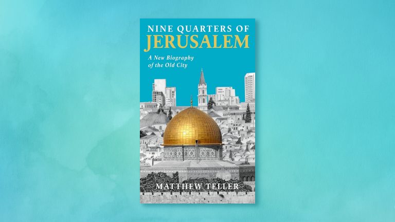 Nine Quarters of Jerusalem, cover image on a turquoise watercolour background
