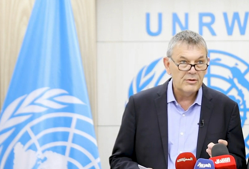 Philippe Lazzarini speaks at UNRWA in October 2023