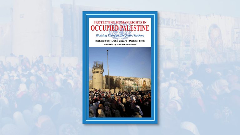 Protecting Human Rights in Occupied Palestine, book cover on a landscape background with the cover photo