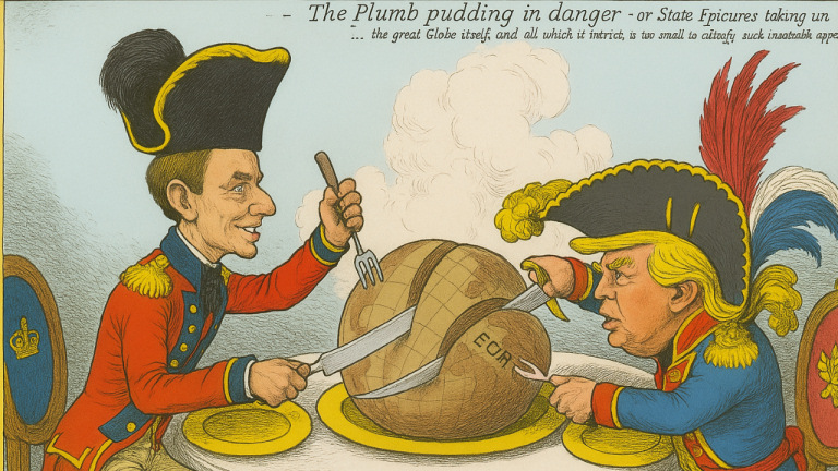 James Gillray’s 1805 cartoon of British Prime Minister William Pitt the Younger and the Emperor Napoleon sharing out the ‘plum pudding’ of the World is here updated to portray Donald Trump and Tony Blair carving up Gaza