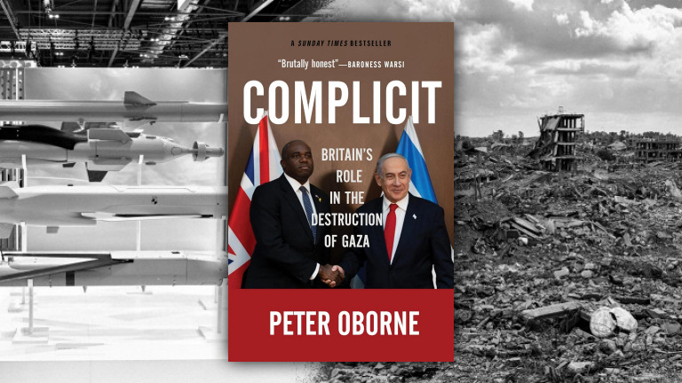 Complicit by Peter Oborne, book cover on a background showing missiles and a scene of destruction in Gaza