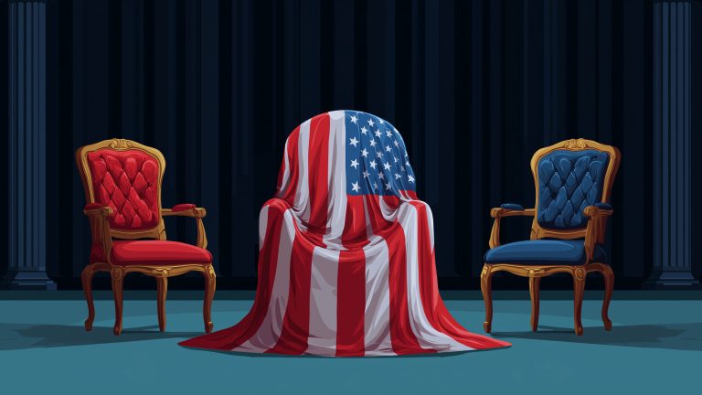 AI-generated illustration of three chairs in a conference room. The central chair is draped in the Stars and Stripes.