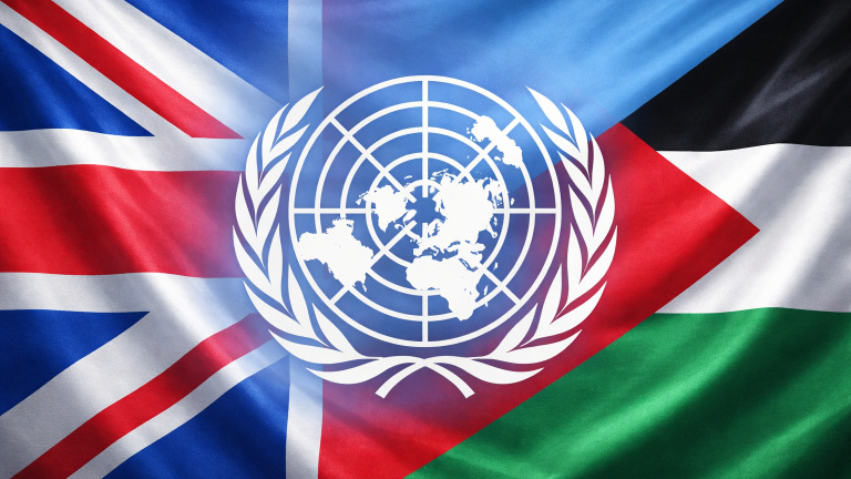 Montage of the UK, UN and Palestinian flags