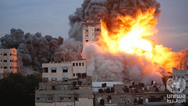 Residential tower in Gaza destroyed by Israeli bombardment on the morning of 8 October 2023 - Ashraf Amra - UNRWA - CC BY-SA 3.0 IGO
