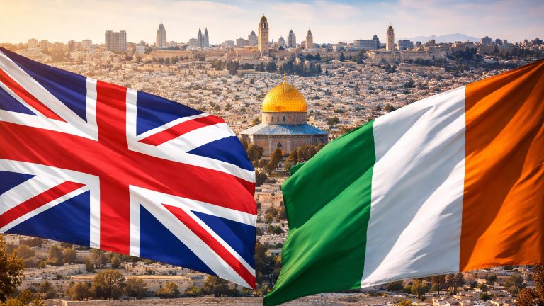UK and Irish flags with a view of Jerusalem